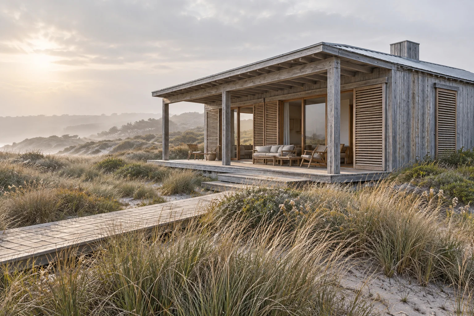 Fictional weathered cedar cottage with a deep screened veranda and boardwalk through dune grasses