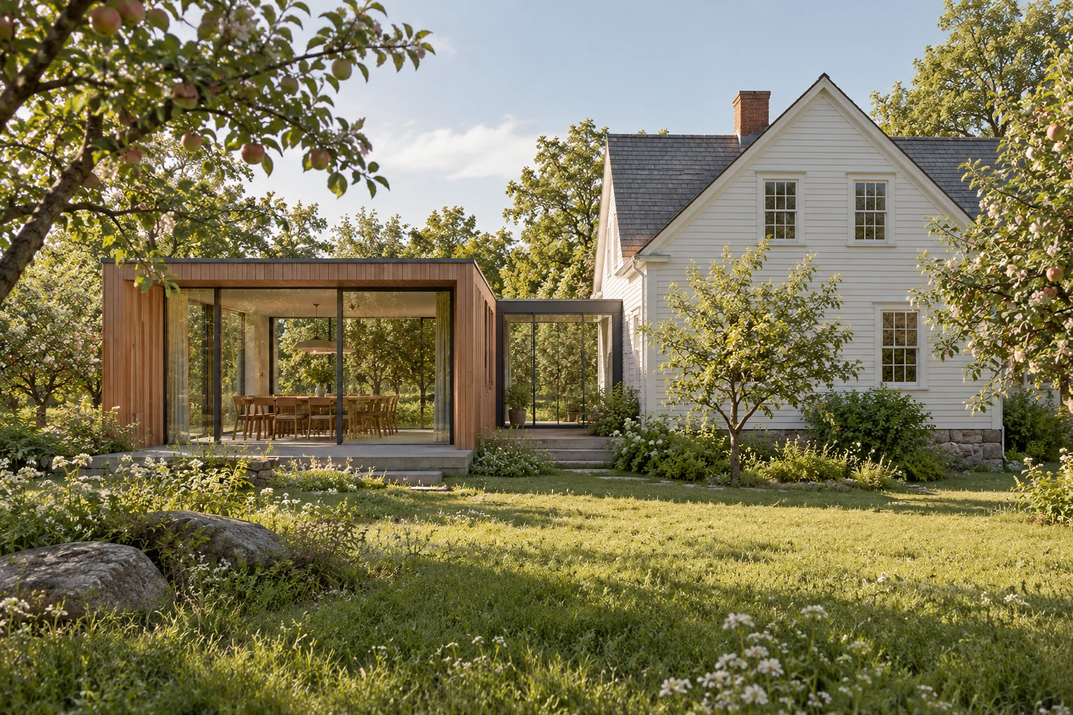 Fictional white clapboard farmhouse connected to a low cedar dining pavilion in an apple orchard