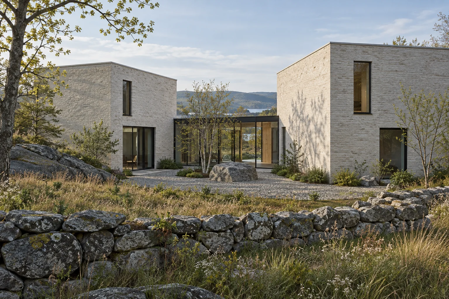 Fictional pale masonry home in two volumes around a granite courtyard beyond a dry stone wall