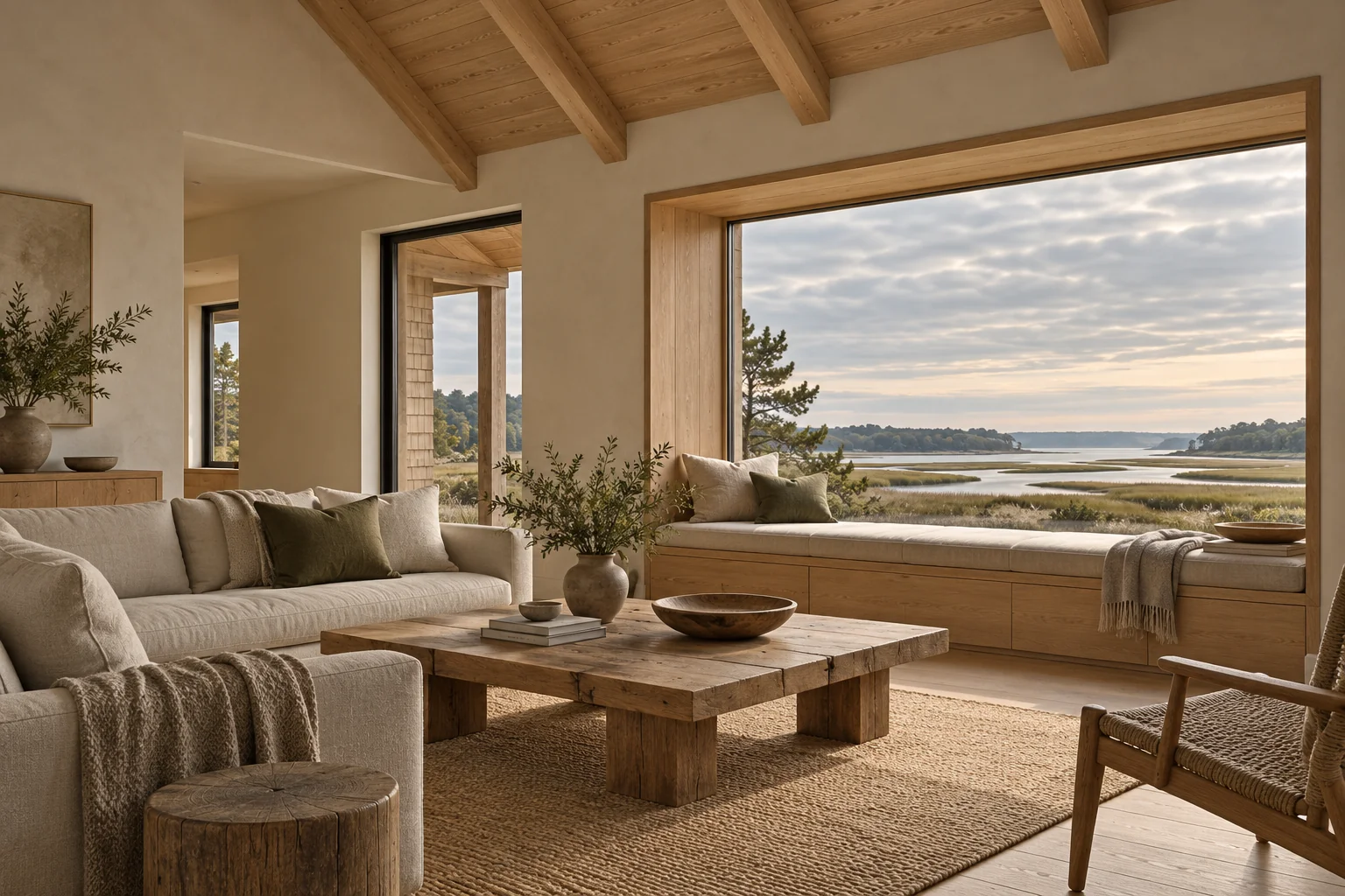 AI-generated oak and limewash living room at fictional Saltmeadow House