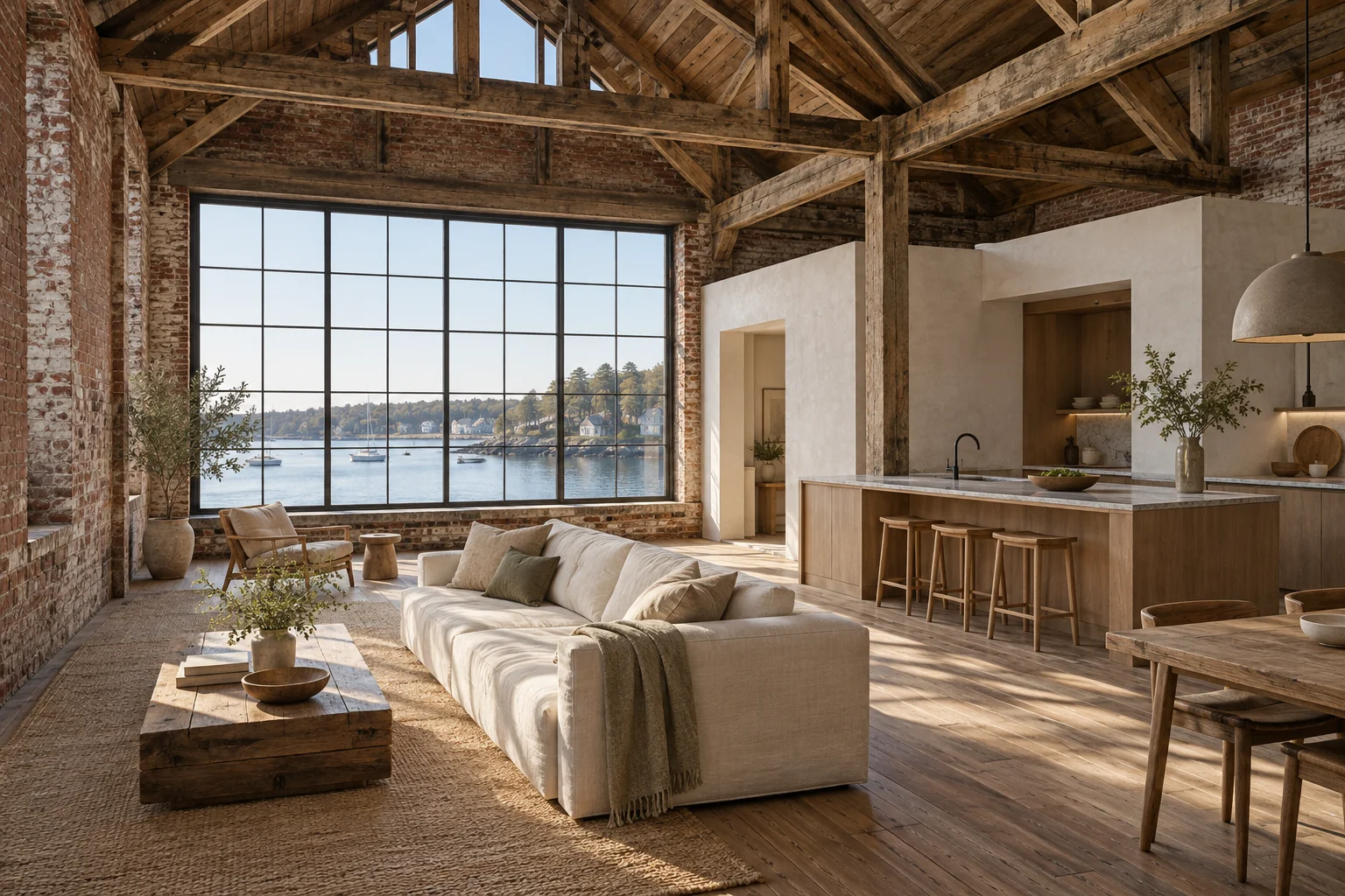 Fictional waterfront workshop conversion with exposed timber trusses, brick walls and oak kitchen joinery
